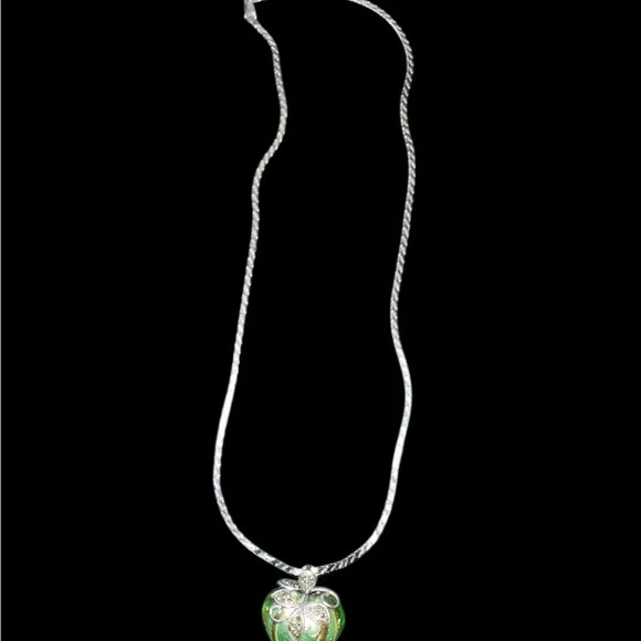 Green Dychroic Glass Heart Pendant with Silver Leaf Detail 22” Sterling Chain